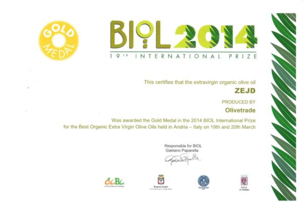 Zejd won the gold medal for its organic olive oil at BIOL 2014