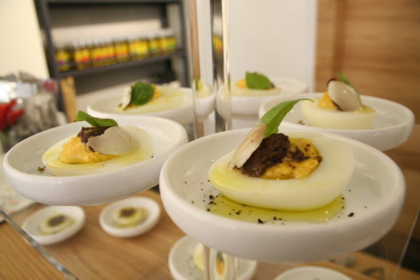 Potato Egg Napoleon/ Black Olive Paste/ Mint Olive Oil